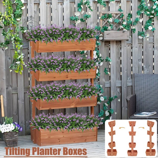 Fin 4-Tier Wood Raised Garden Bed Vertical Flower Pots Rack With Tilt Planter Boxes