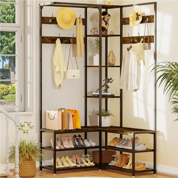 Fin 6-In-1 Entryway Hall Tree With Bench And Shoe Storage Shelves Vintage Coat Rack