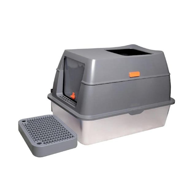 Fin 65L Big Cat Stainless Steel Litter Box With Lid High Wall With Triple Pedal Gray