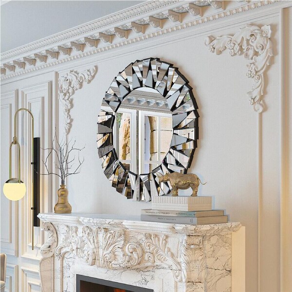 Fin Round Wall Mirror Bevelled Decorative 3D Mirrored Glass Sunburst Vanity Mirror