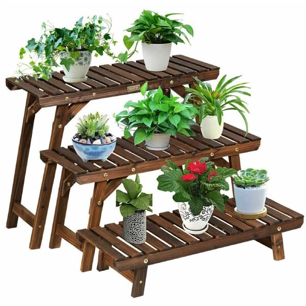 Fin 3 Tier Large Wood Shelf Step Flower Plant Display Stand Corner Ladder Pot Shelf