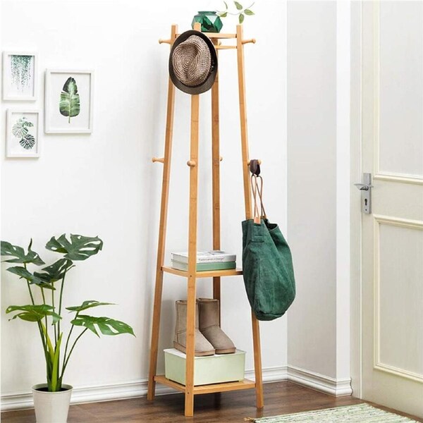 Fin Bamboo Clothes Rail Stand Freestanding Garment Rack Corner Shelf Shoe Rack Hooks
