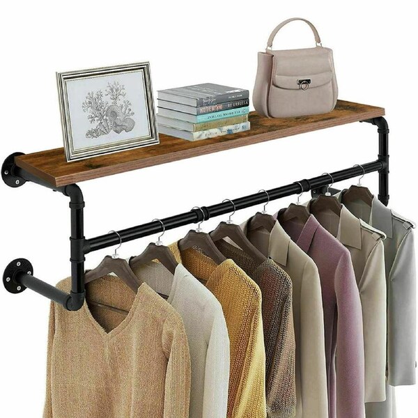 Fin Clothes Rack With Top Shelf Metal Pipe Wall Mounted Garment Rack Fr Laundry Room