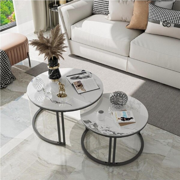 Fin 2Pcs Marble Nesting Coffee Table Modern Cocktail Table Thicken Aluminium Frame