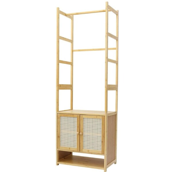Fin 1.7M Natural Bamboo Garment Rack Clothes Stand W/ 8 Side Hanging Bars & Cabinet