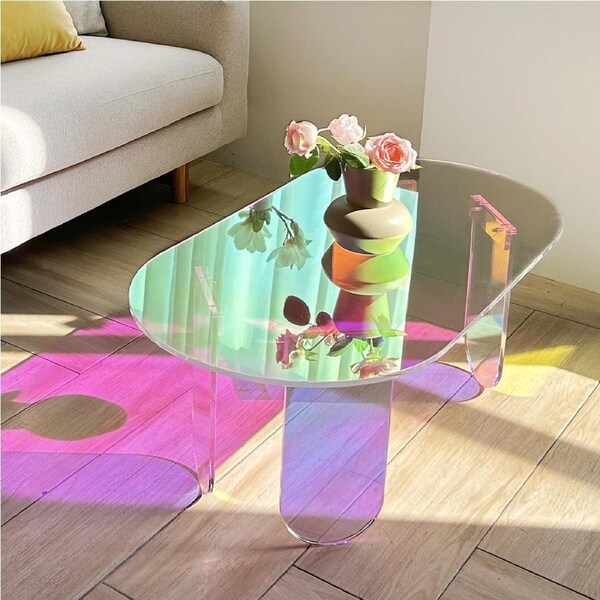 Fin Cute Acrylic Round Clear Iridescent Side Table Rainbow Coffee Table Accent Decor