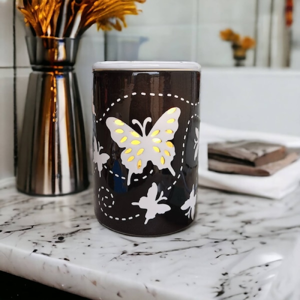 Fin Black Butterfly Laser Cut Ceramic Electric Oil Burner Lamp With A Wax And Bulb