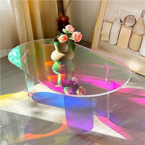 Fin Glamourous Iridescent Acrylic Coffee Table Rainbow Accent Table Artistic Furnitu