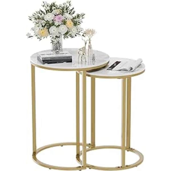 Fin High Gloss Set Of 2 Coffee Nest Tables Side End Table Marble Top Gold Metal Legs
