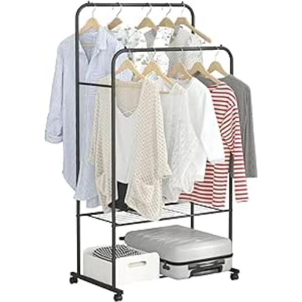 Fin Heavy Duty Metal Clothing Rack Double Rails Garment Rack Standing On Wheels