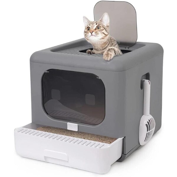 Fin Large Pet Cat Litter Box Front Entry Pet Toilet Portabel Design W/ Removing Tray