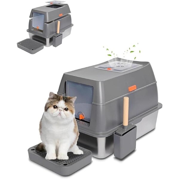 Fin Large Enclosed Cat Litter Pan Easy Cleaning Stainless Steel Cat Toilet Box W Lid