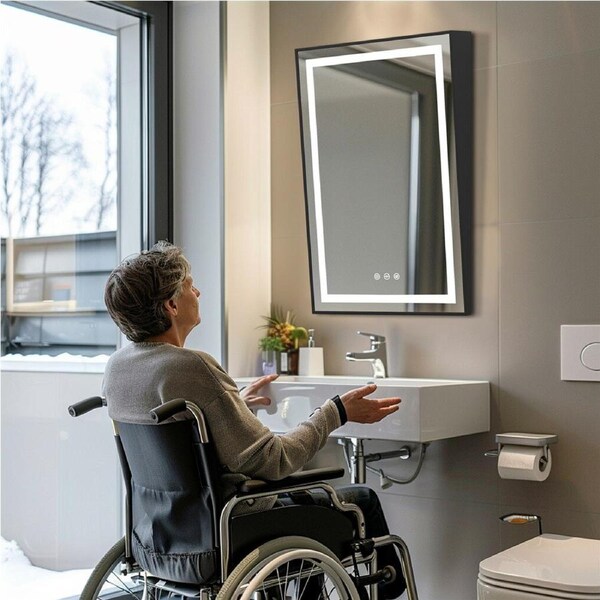 Fin Led Illuminated Bathroom Mirror With Fixed Tilt Black Framed For Wheelchair User