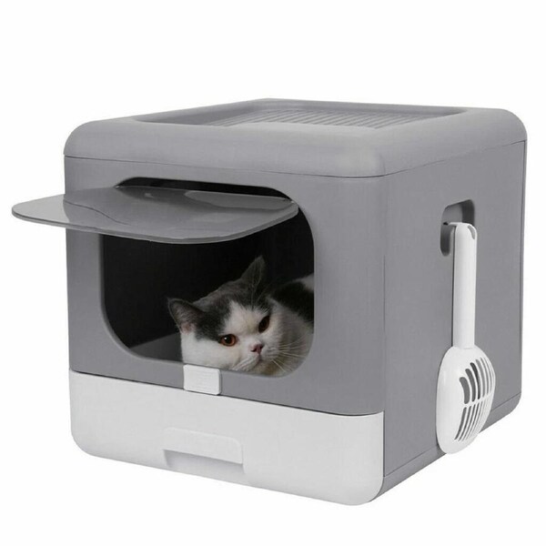 Fin Large Hooded Cat Litter Box Enclosed Cat Litter Leak-Proof Kitty Toilet Foldable