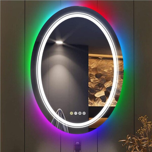 Fin Oval Led Bathroom Mirror Lighted Vanity Makeup W Rgb Backlight Anti-Fog Dimmable