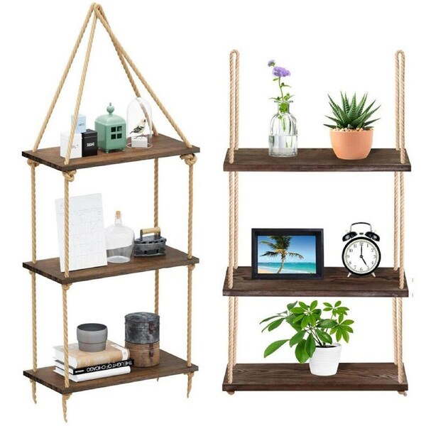 Fin Sturdy 3-Layer Hanging Wall Shelf Rope Floating Shelves Kitchen Apartment Office