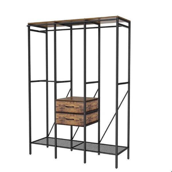 XL Industrial Open Wardrobe Clothes Storage Cabinet with Curtain and Drawers - Heavy Duty Garment Rack Closet