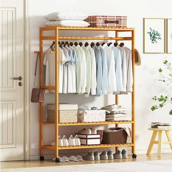 Fin Xxl Clothes Rail Coat Rack Wooden Garment Open Wardrobe Neat Organizer On Wheels