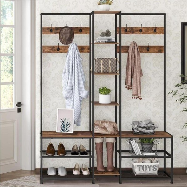 Fin Xxl Coat Rack Shoe Bench Industrial Hall Tree 6 Shelves Bags Storage Open Closet