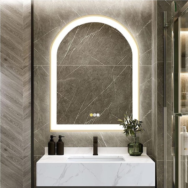 Fin Widen Illuminate Led Arch Bathroom Mirror Antifog 3Button Gold Frame Energy Save