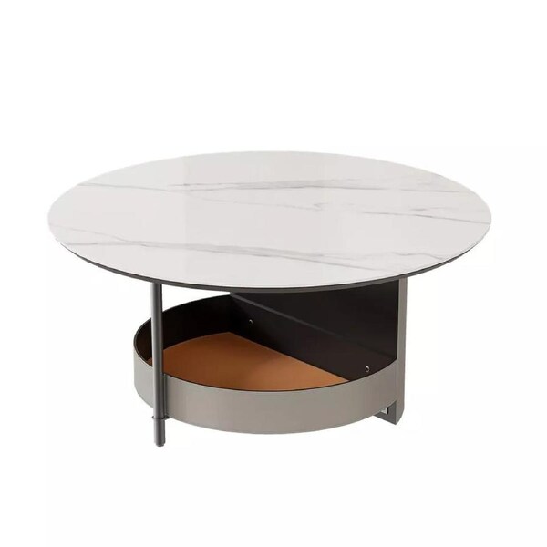 Fin Xl Chic Sintered Stone Top Coffee Center Table Saddle Leather Shelf Accent Table