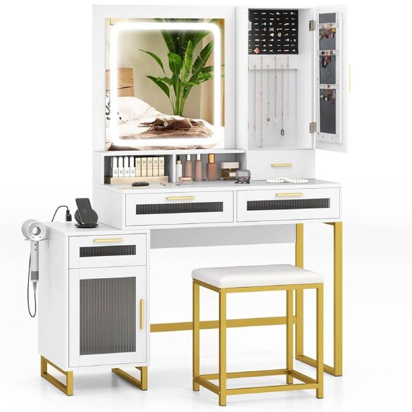 Giantex Vanity Desk Dressing Table & Stool Set w/Charging Station & Lighted Mirror White