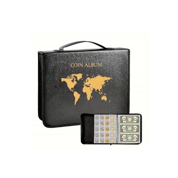 Coin Album Storage Case, Rectangular PVC Coin Collector's Folder with 200 Coin Bags and 30 Paper Money Sleeves