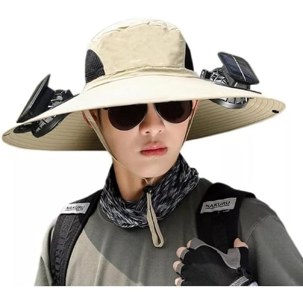 Solar Roof Men's Big Hat Roof Charging Fan Summer Hat Roof Top Fisherman's Hat (Khaki)