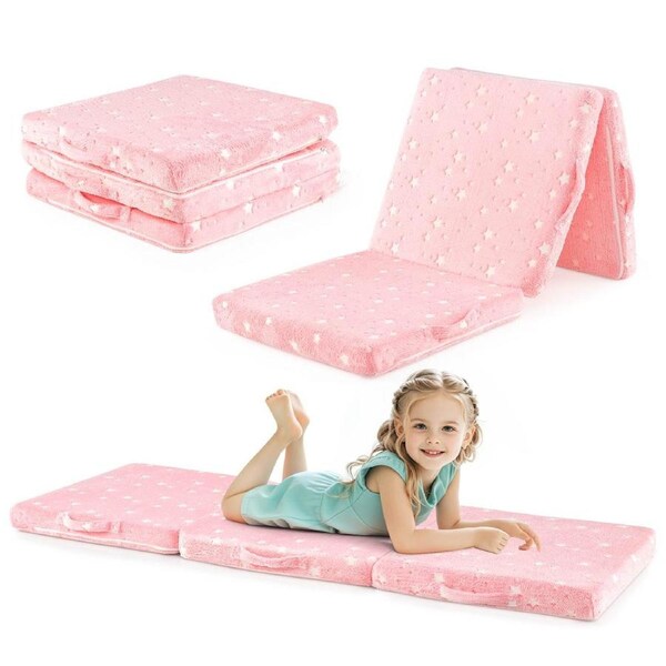 Babyjoy Kids Folding Floor Mattress Glow in the Dark Nap Mat w/Washable Flannel Cover Floor Bed Pink