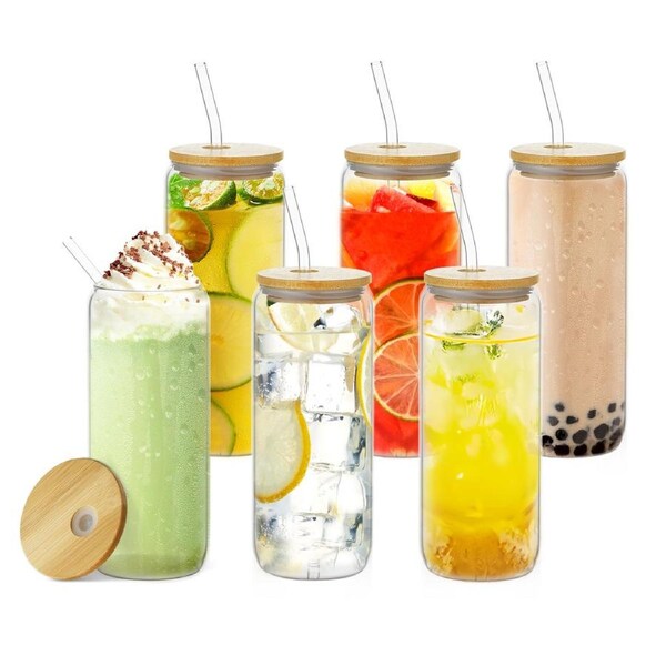 6PCS 500ml Glass Cups with Bamboo Lids Straws Iced Tea Coffee Beer Cocktail