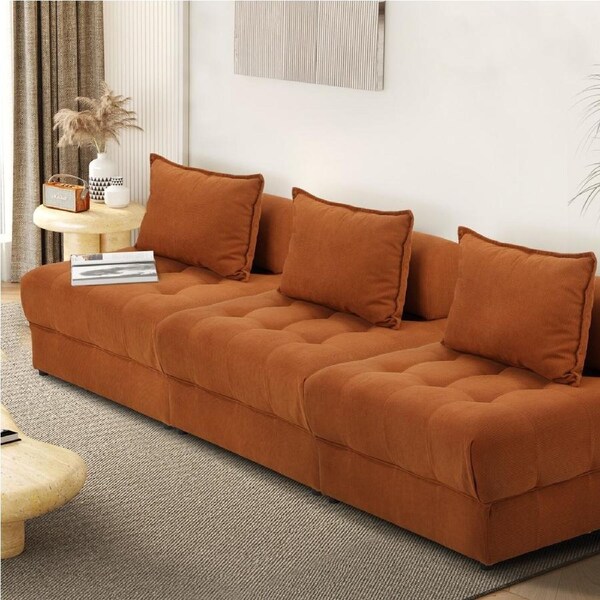 Oikiture 3 Seater Velvet Modular Sofa Lounge Chair Armless TOFU Back Brown