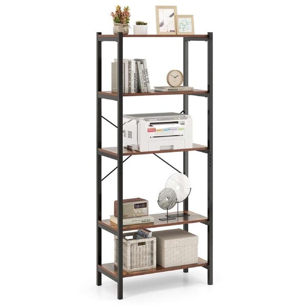 Giantex 5-Tier Bookshelf Bookcase w/Metal Frame & Storage Rack Brown