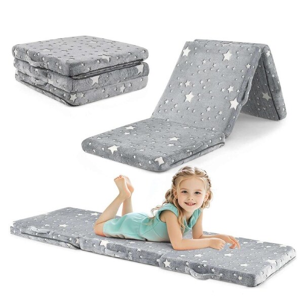 Babyjoy Kids Folding Floor Mattress Glow in the Dark Nap Mat w/Washable Flannel Cover Floor Bed Grey