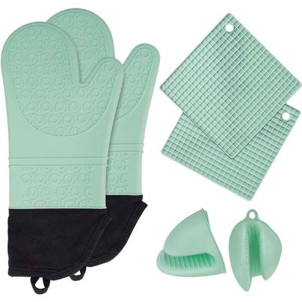 6 in 1 Heat Resistant Silicone Oven Mitts + Pinch Grip Pot Holder +Trivet Kit, Non-Slip Textured Kitchen Gloves w/Soft Inner Lining & XL Hand-Safe Sleeve for Baking Cooking Grilling Barbecue