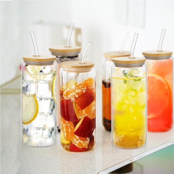 ACA 6PCS 500ml Clear Glass Cups With Lids and Straws 2 Cleaning Brushes Set