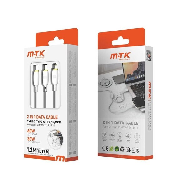 Moveteck 2 in 1 Data Cable Type-C + IPX 1.2m 3a White TB1750
