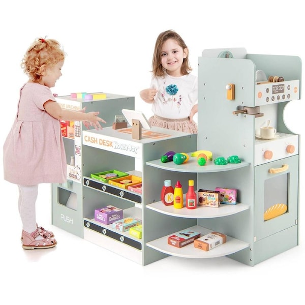 Babyjoy Kids Supermarket Playset Wooden Grocery Store Pretend Play w/Play Food Accessories Shopping Toy