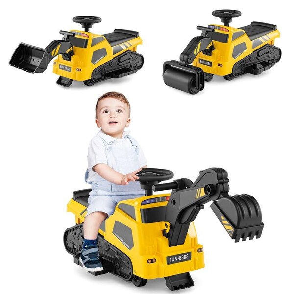 Babyjoy 3 in-1 Kid Ride On Car Electric Excavator Bulldozer Toy Road Roller w/Music & Adjustable Arms Yellow