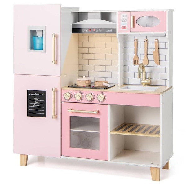 Babyjoy Kids Kitchen Playset Wooden Pretend Play Kitchen w/BBQ Grill & Accessories Cooking Toy Pink