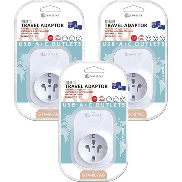 3x Sansai Worldwide Travel Adaptor USB-C+A USA/Canada/Europe to AU/NZ Plug