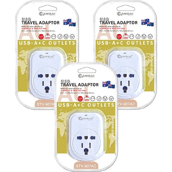 3x Sansai Worldwide Travel Power Adaptor USB-C+A UK/USA/Europe to AU/NZ Plug
