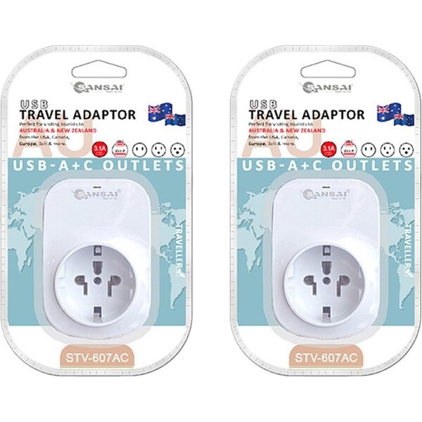2x Sansai Worldwide Travel Adaptor USB-C+A USA/Canada/Europe to AU/NZ Plug