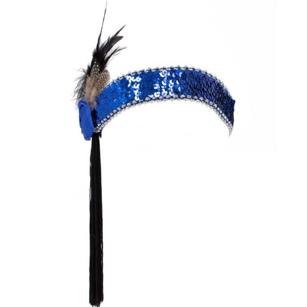 20s Blue Flower and Black Tassle Flapper Headband