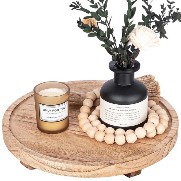 DelSol Round Decorative Tray Wood Rustic Trays for Farmhouse Dinning Table Candle Holder