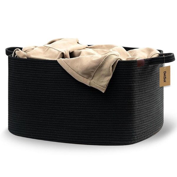 DelSol Large Cotton Rope Basket Woven Blanket Laundry Hamper Toy Organizer Black