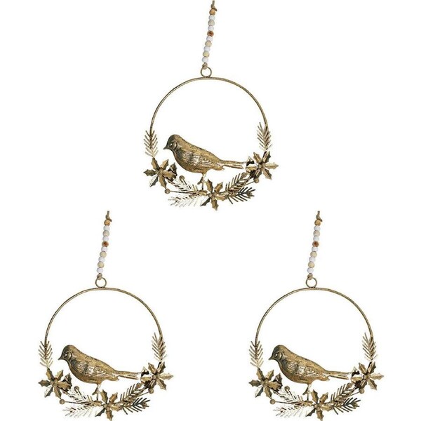 3x LVD Metal/Beads Wreath Bird Hanging Ornament Home/Lounge Decor 18cm Gold