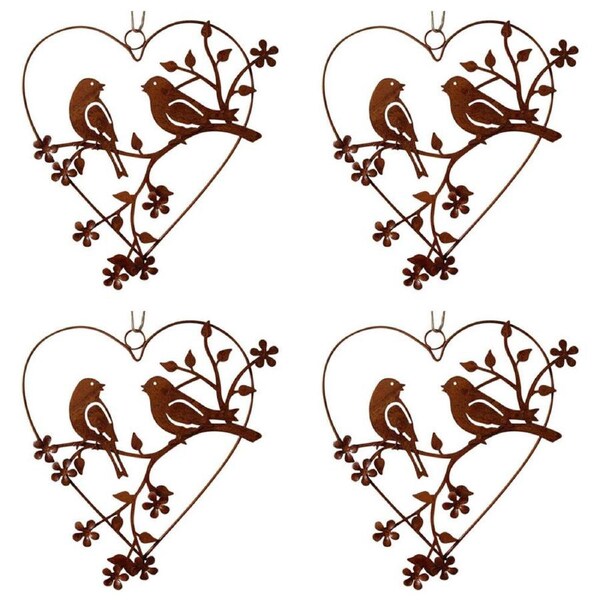 4x LVD Hanging Metal Heart 2x Birds Home/Garden Ornament Decor 19x20cm Brown