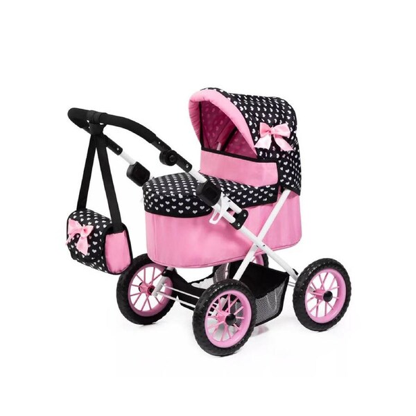 Bayer Trendy Doll Pram Pink With Black Hood & Pink Bow For Dolls Up To 46cm