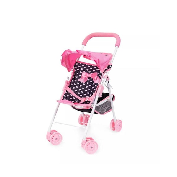 Bayer Buggy Doll Prams Strollers Pink & Black With Pink Bow For Dolls Up To 46cm