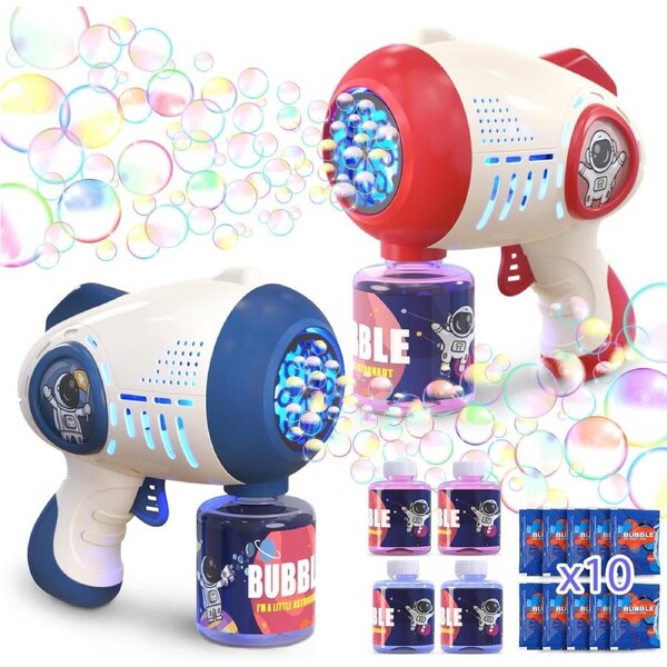 2 Bubble Guns Machine for Toddlers, 8 Hole Light Up Bubble Maker with 4 Refill Solution for Kids, Automatic Bubble Blower Blaster Summer